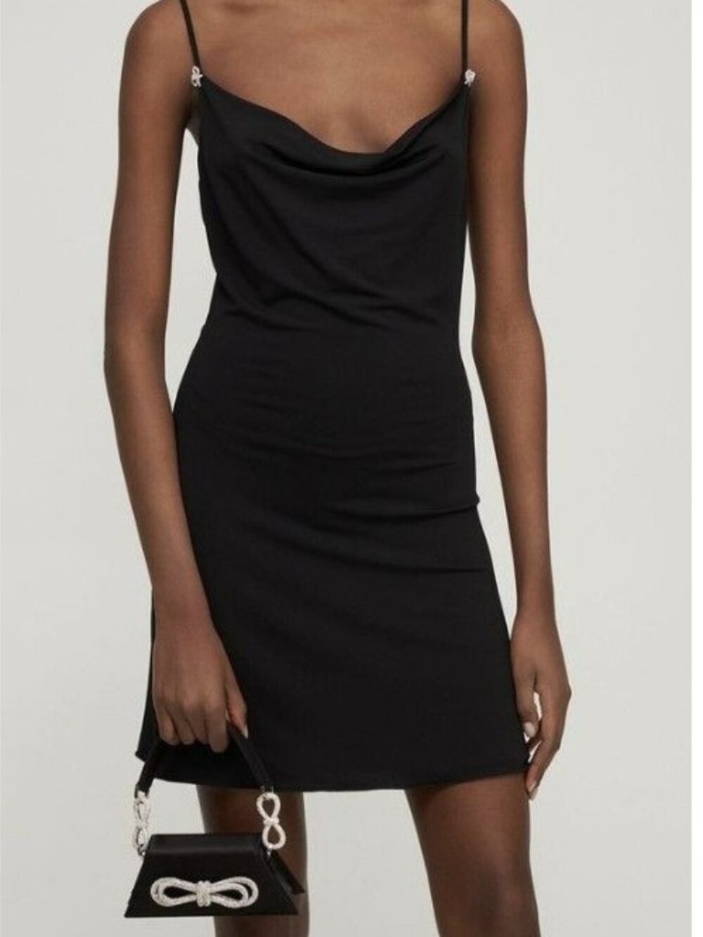 Mach & Mach $805 Black 90s Slip Dress Mini Crystal Bow Straps